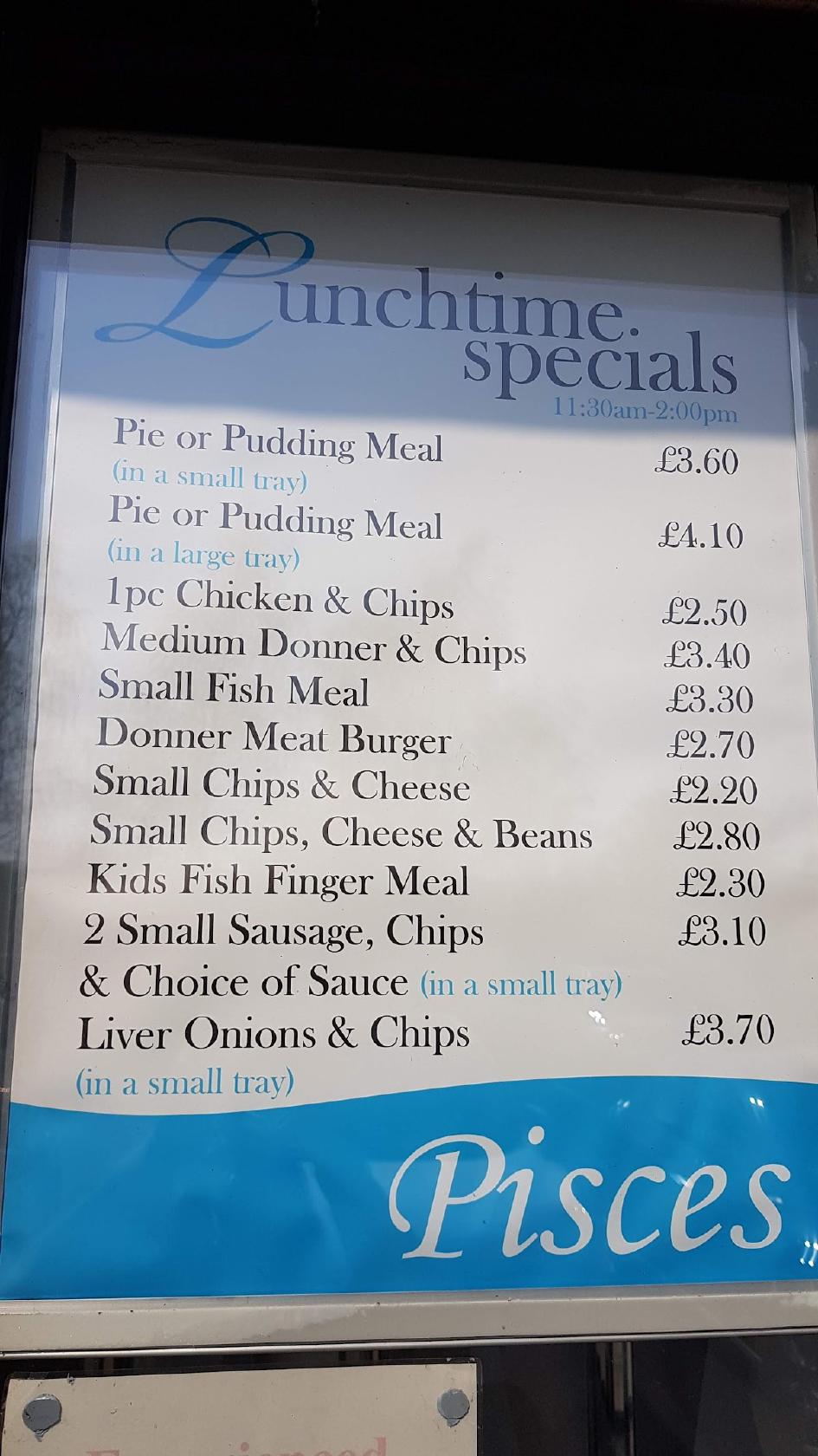 Menu at Pisces Fish Bar, StokeonTrent