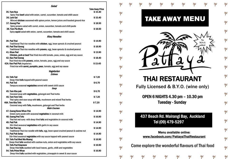 Menu at Pattaya Thai cuisine fast food, Auckland