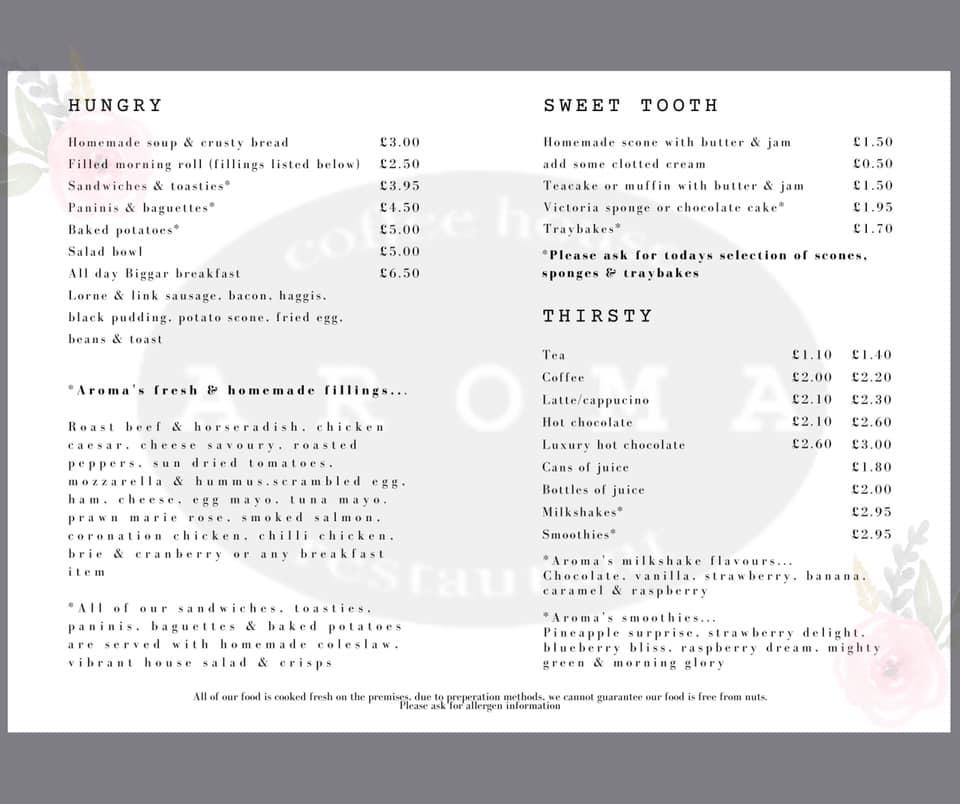 Menu at Aroma cafe, Biggar