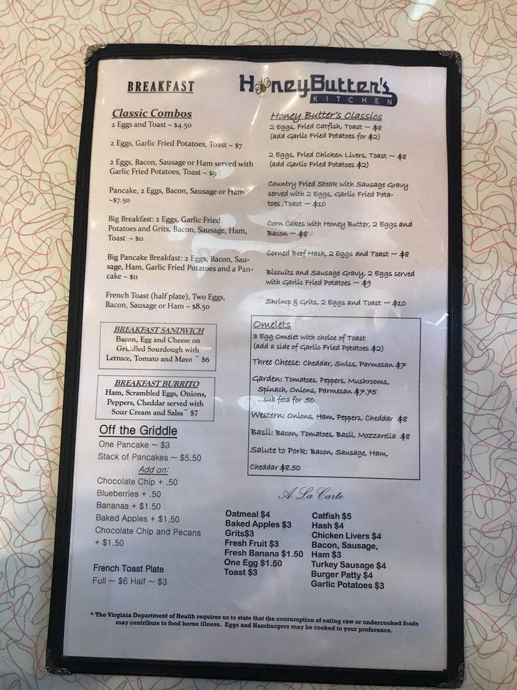 Menu at Honey Butter's Kitchen Monticello Ave restaurant, Williamsburg