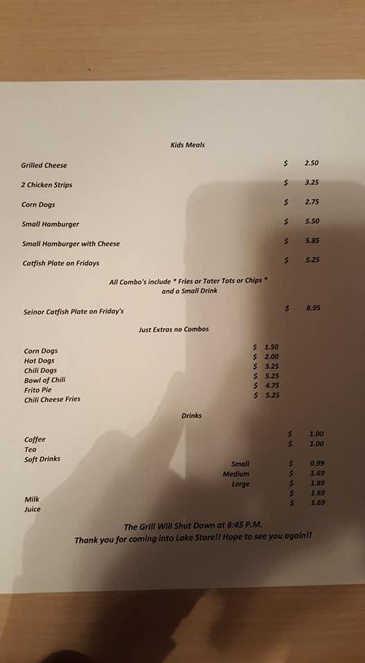 Menu at Lake Store restaurant, Abilene