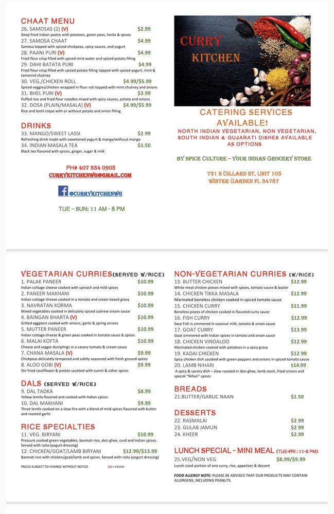 Menu at Curry Kitchen restaurant, Winter Garden