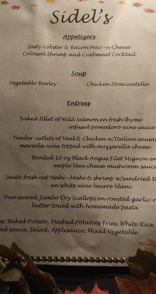Menu at Sidel's Restaurant, Scranton