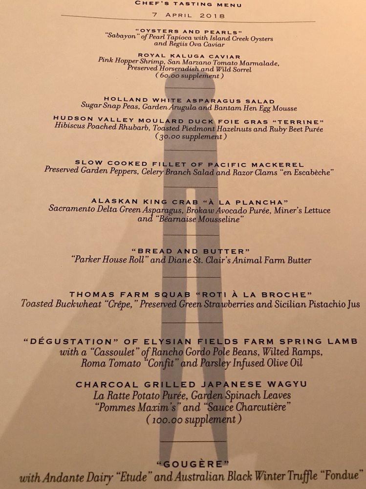 Menu at The French Laundry restaurant, Yountville