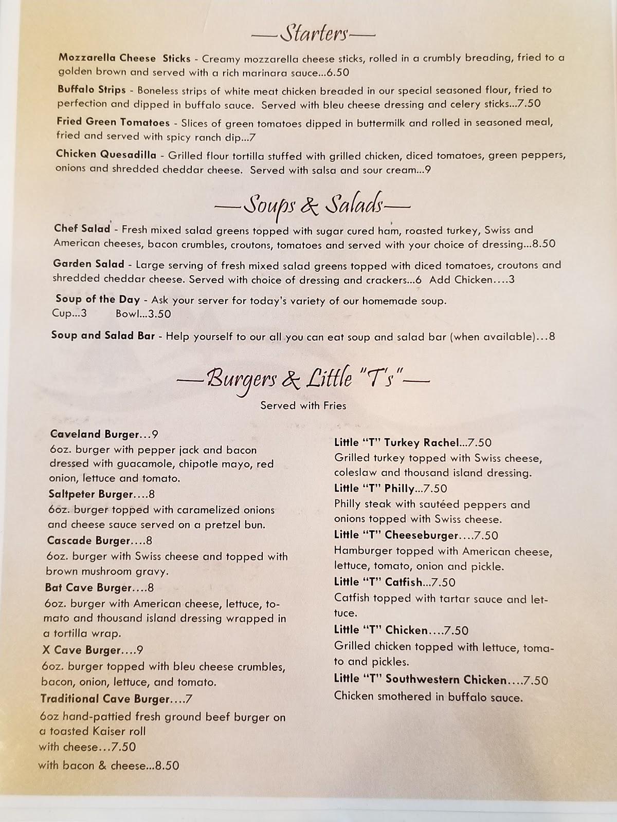 Menu at Tierney's Cavern restaurant, USA