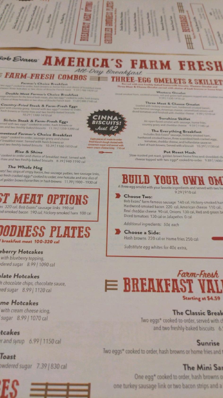 Menu at Bob Evans restaurant, Middletown