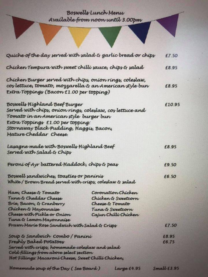 Menu at Boswell's Coach House cafe, Ochiltree