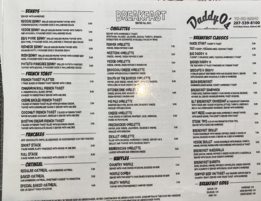 Menu at Daddy O's restaurant, Oxford, Main St