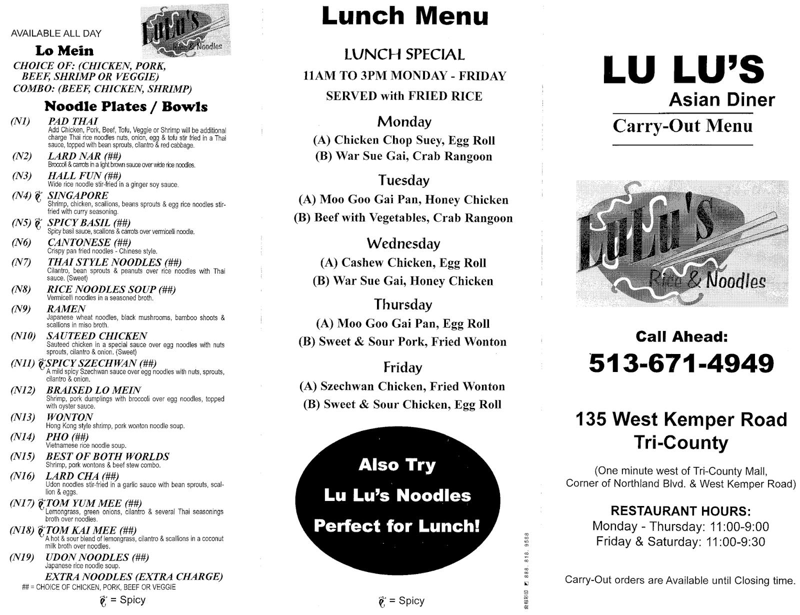 Menu at Lulu's Rice & Noodles restaurant, Springdale