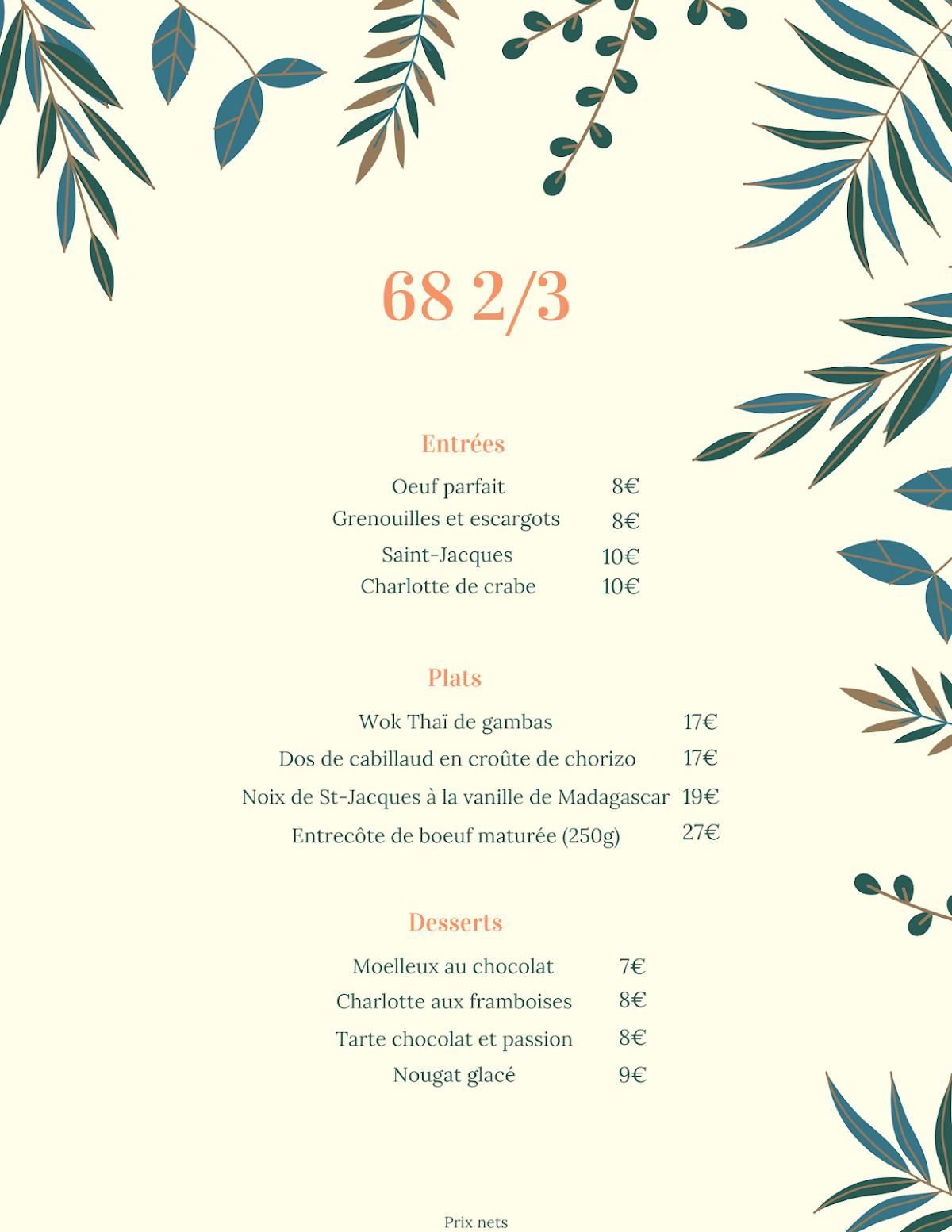 Menu at 68 2/3 restaurant, Rochefort