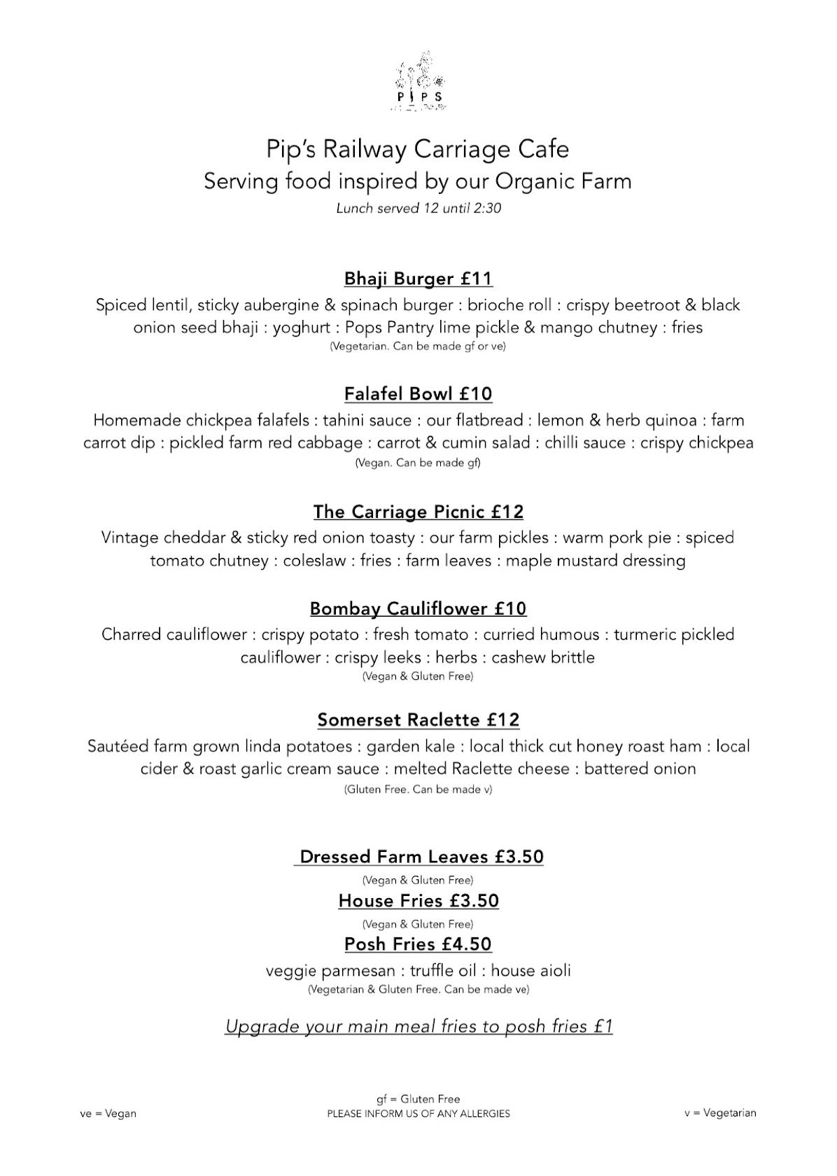 Menu at Pip’s restaurant, South Petherton