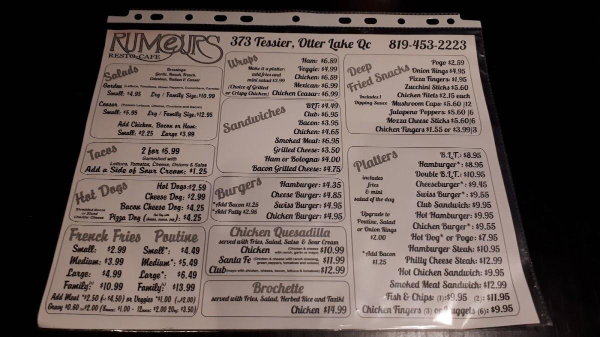Menu at Restaurant Rumeurs Resto Cafe Otter Lake, Otter Lake