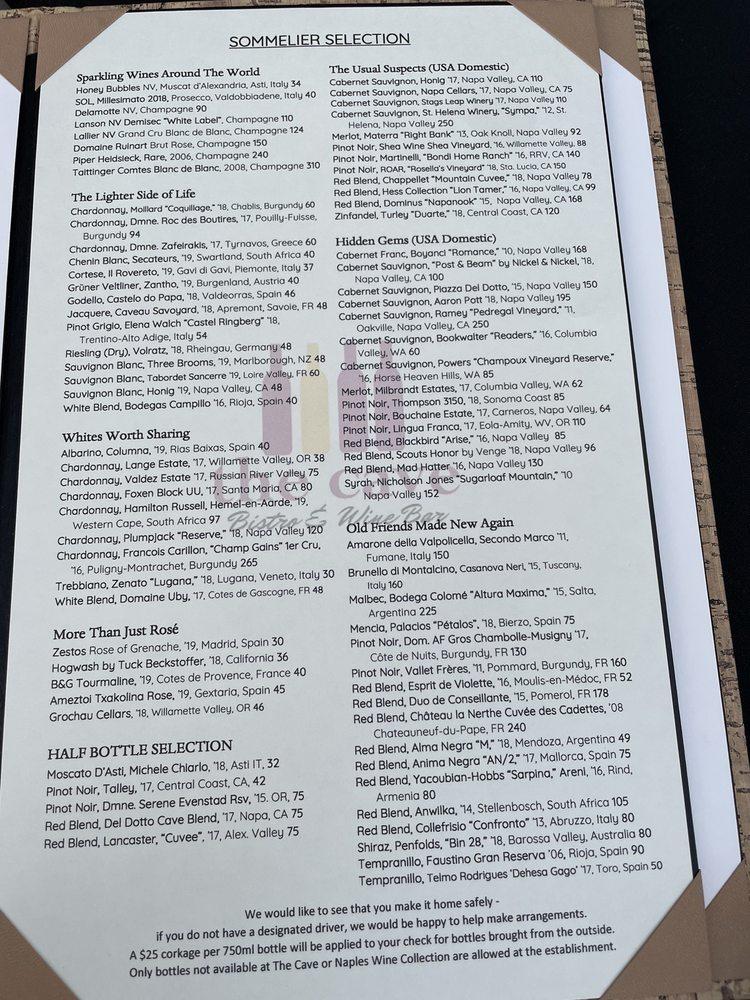 Menu at The Cave Bistro & Wine Bar, Naples, Vanderbilt Beach Rd 602