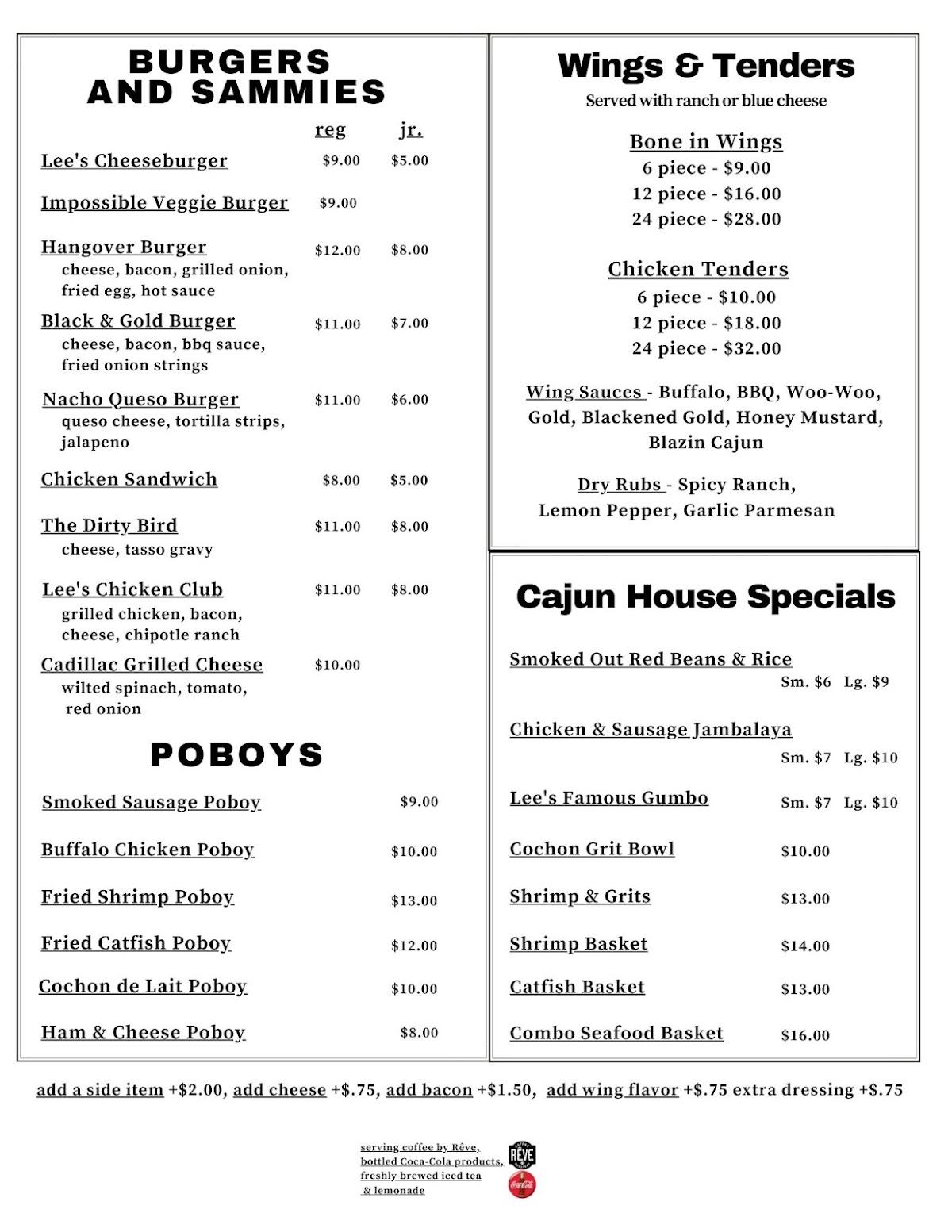 Menu at Lee's Cajun Cuisine restaurant, Opelousas