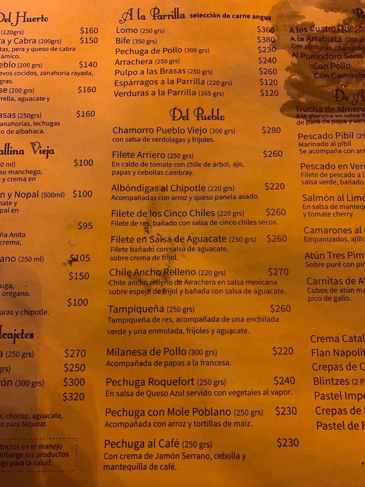 Menu at Restaurante Pueblo Viejo, San Miguel de Allende