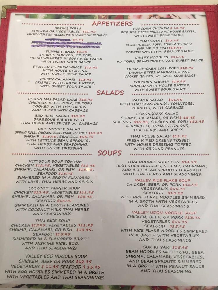Menu at Thai Valley Cuisine restaurant, Honolulu