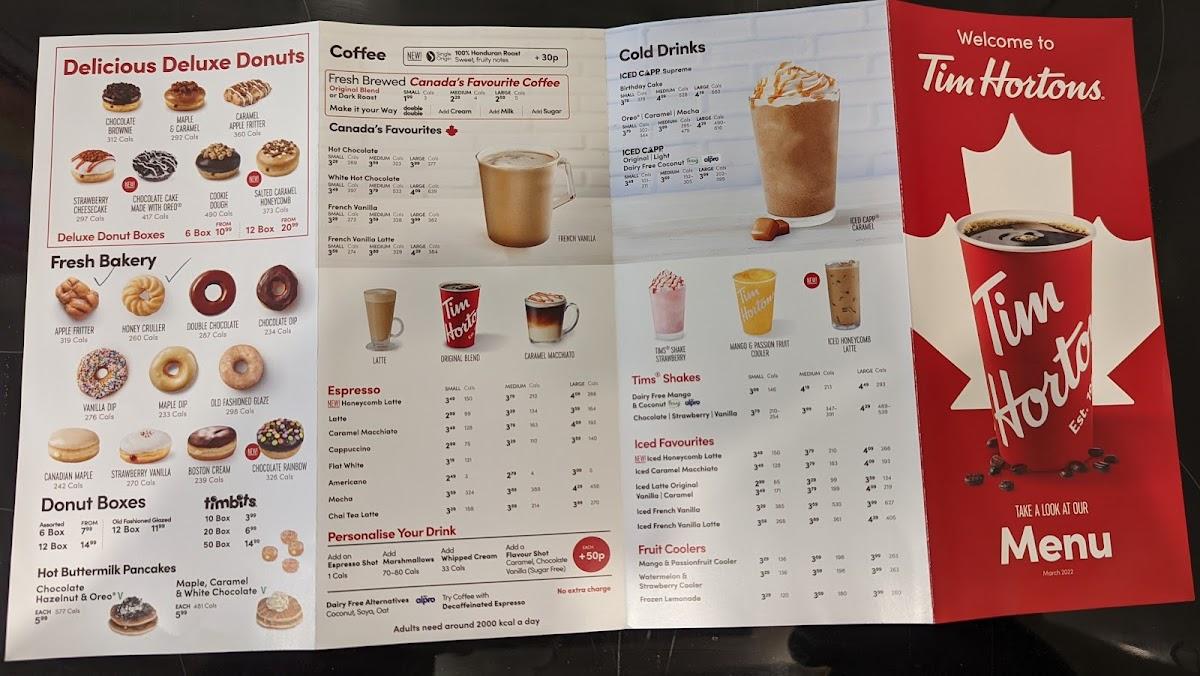 Menu at Tim Hortons restaurant, Stirling