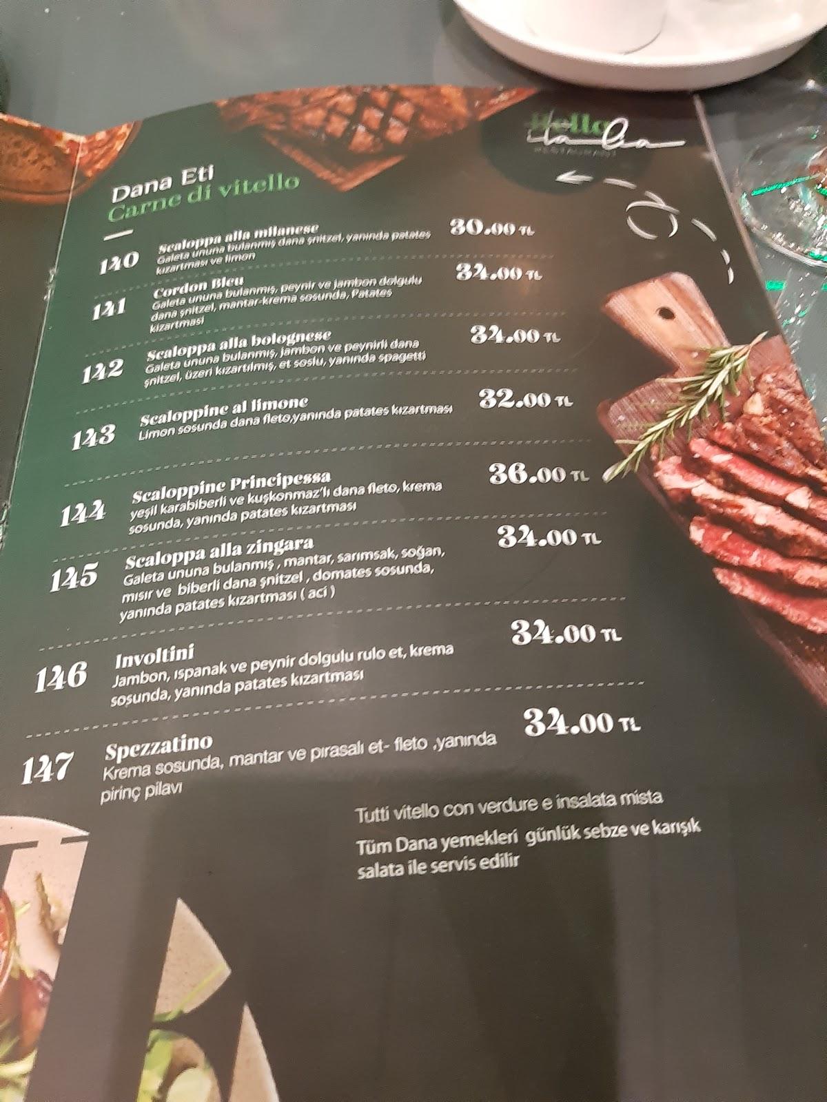 Menu at Bella Italia, Mersin