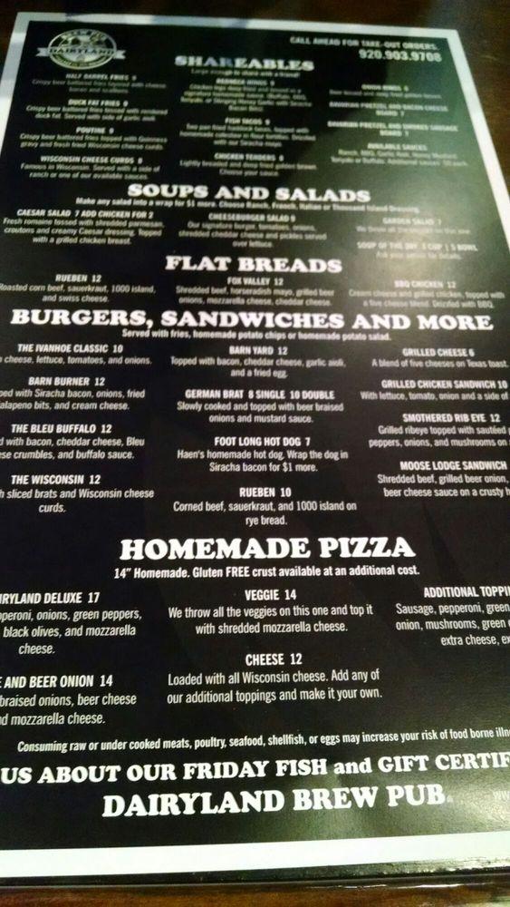 Menu at Dairyland Brew Pub, Appleton