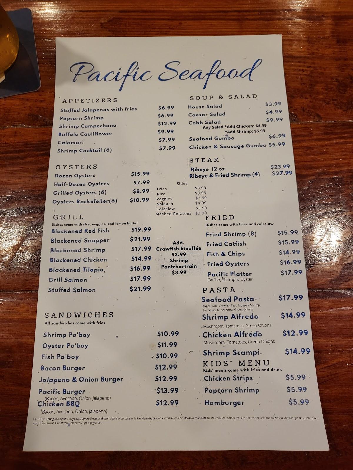 Menu at Pacific Seafood restaurant, San Leon