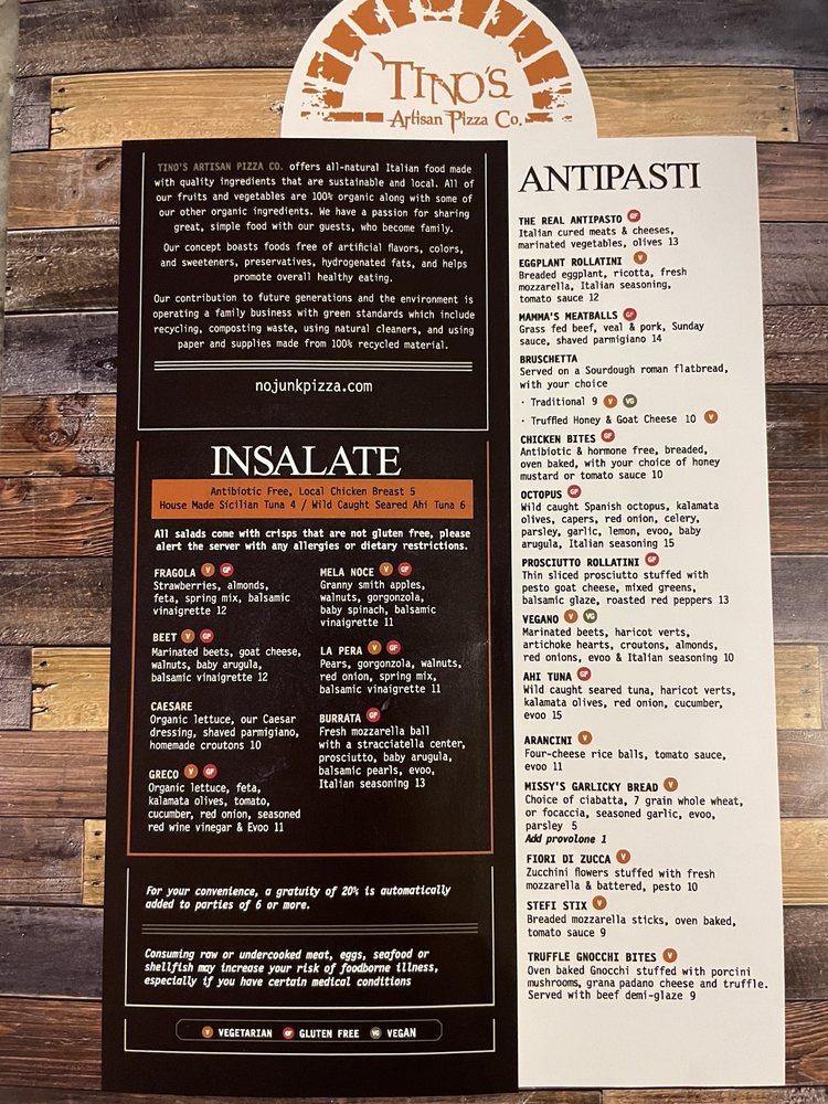 Menu at Tino's Artisan Pizza Co. pizzeria, Jersey City