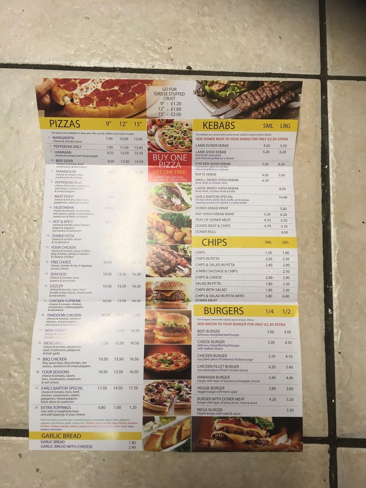 Menu at Earls Barton Pizza. Kebab/ burgers, Northampton