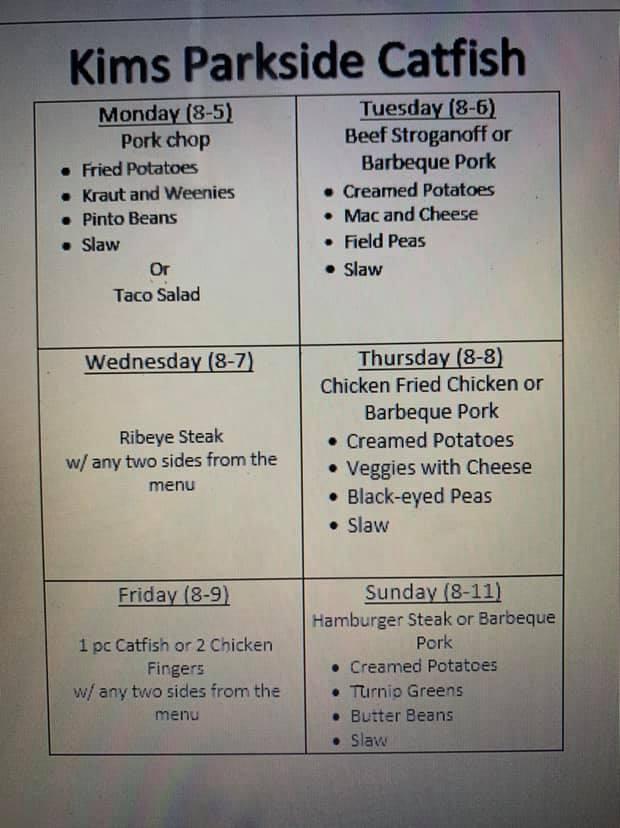 Menu at Kim’s Parkside Catfish Restaurant, Baileyton