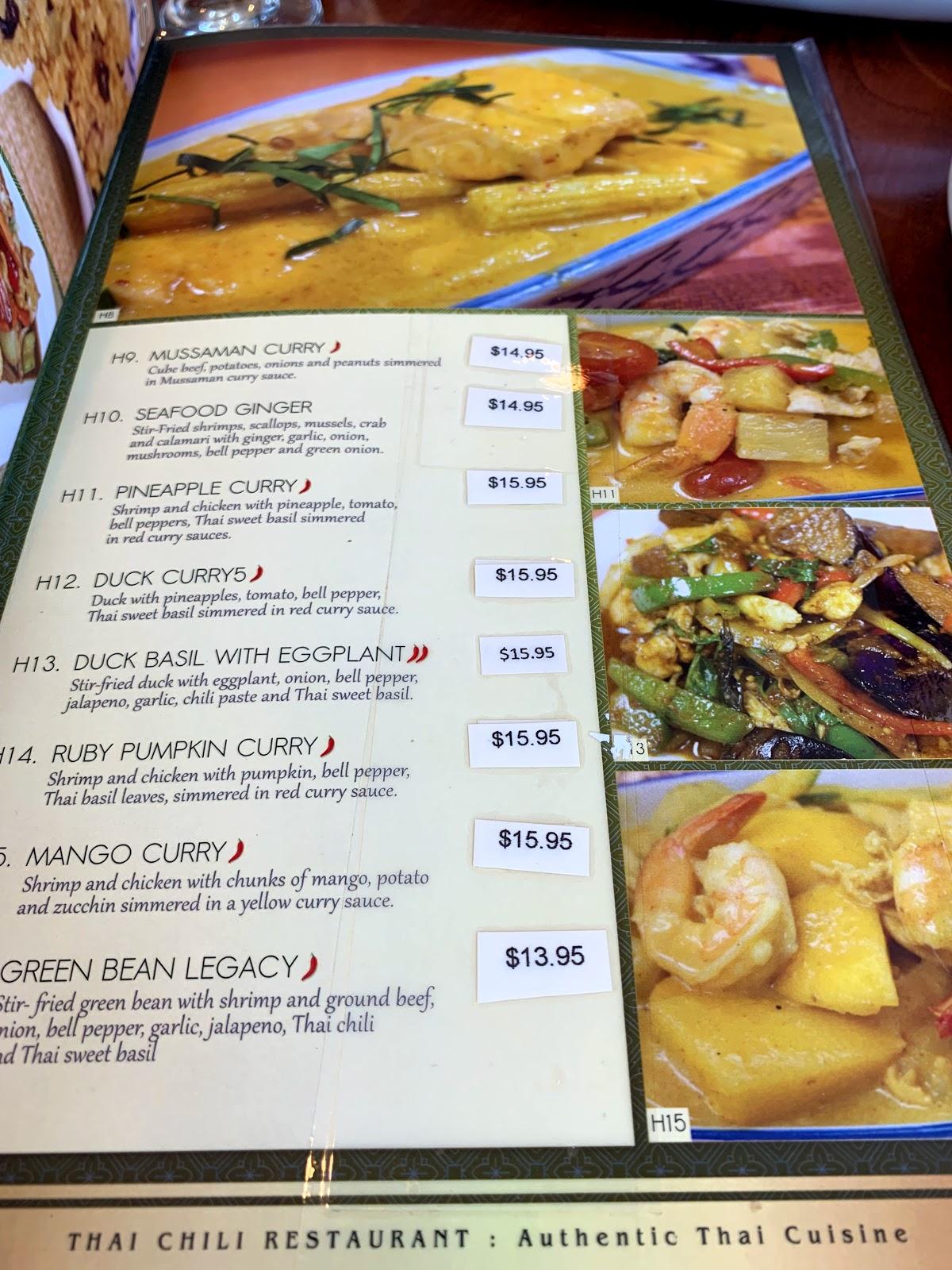 Menu at Thai Chili restaurant, Reno