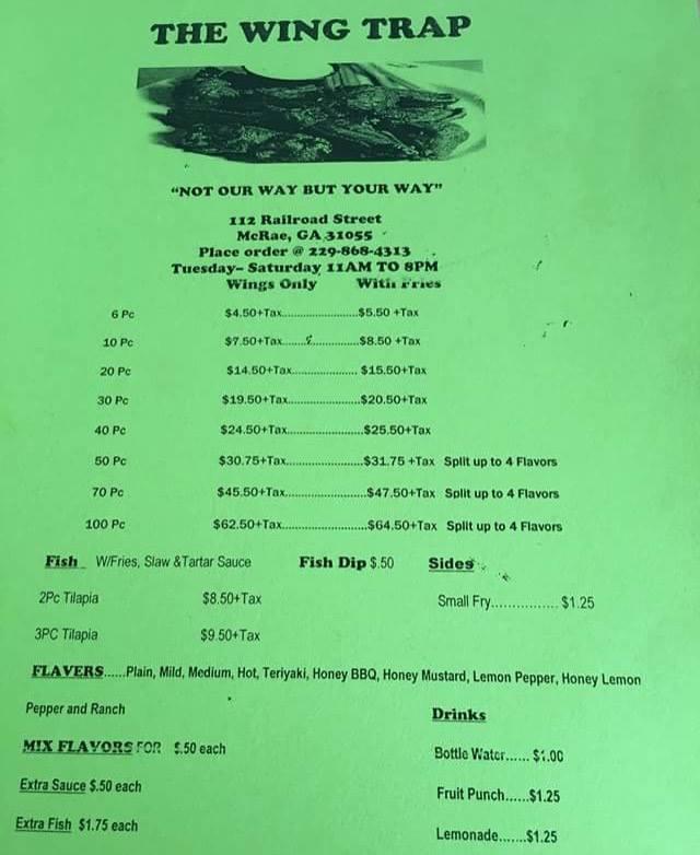 Menu at The WING TRAP restaurant, McRae