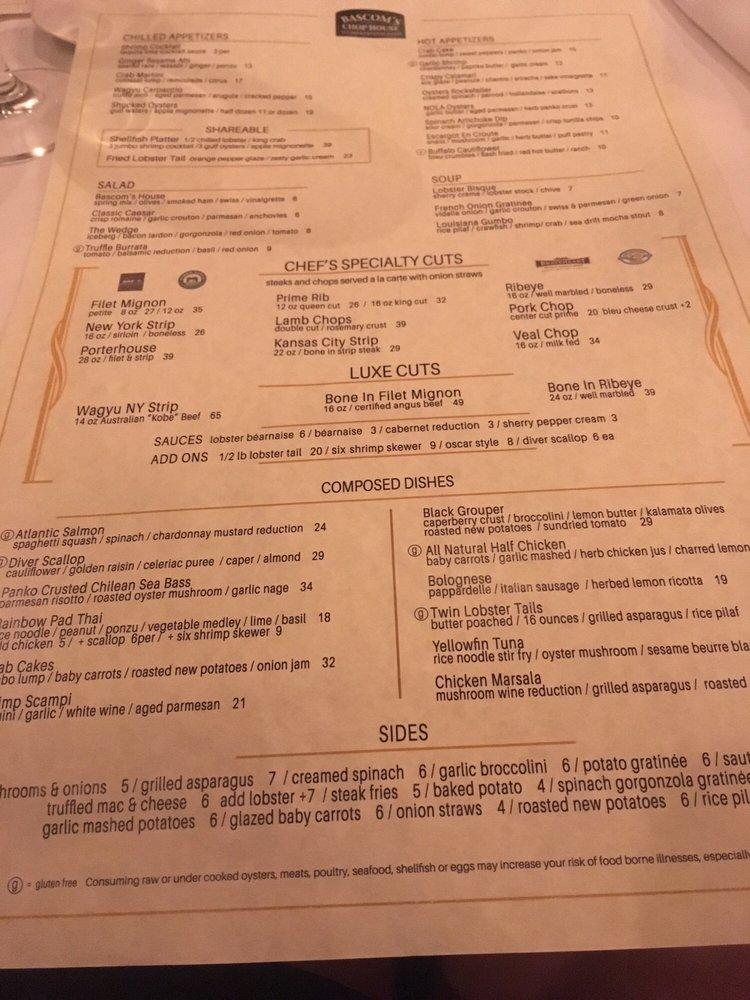 Menu at Bascom's Chop House steakhouse, Clearwater, Ulmerton Rd