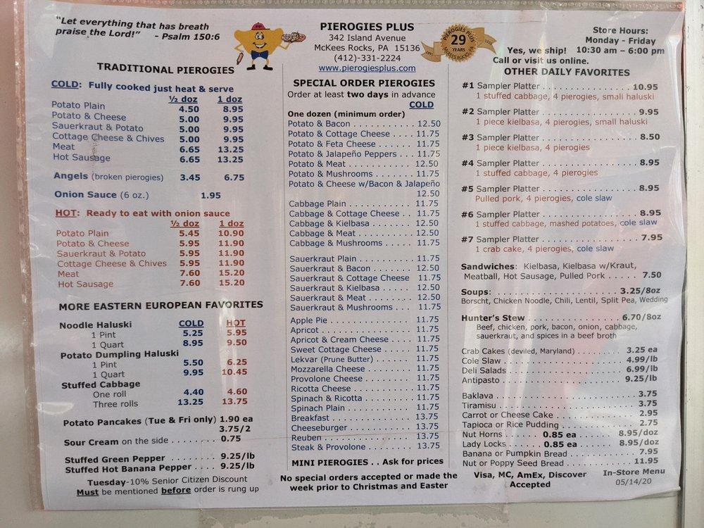 Menu at Pierogies Plus restaurant, McKees Rocks