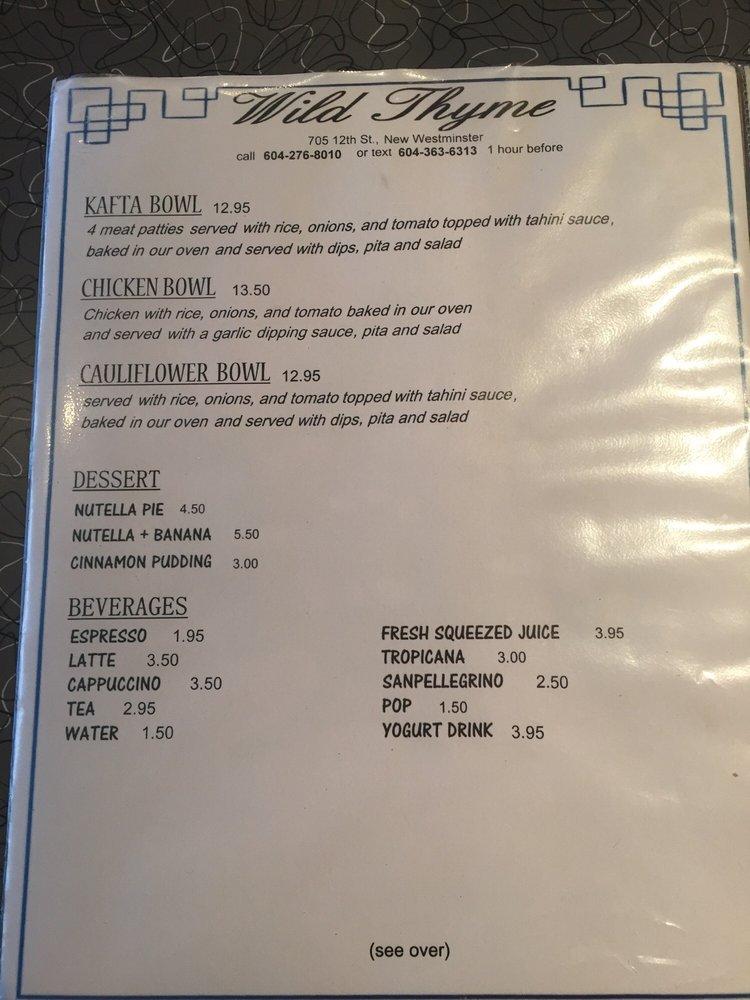 Menu at Wild Thyme restaurant, New Westminster