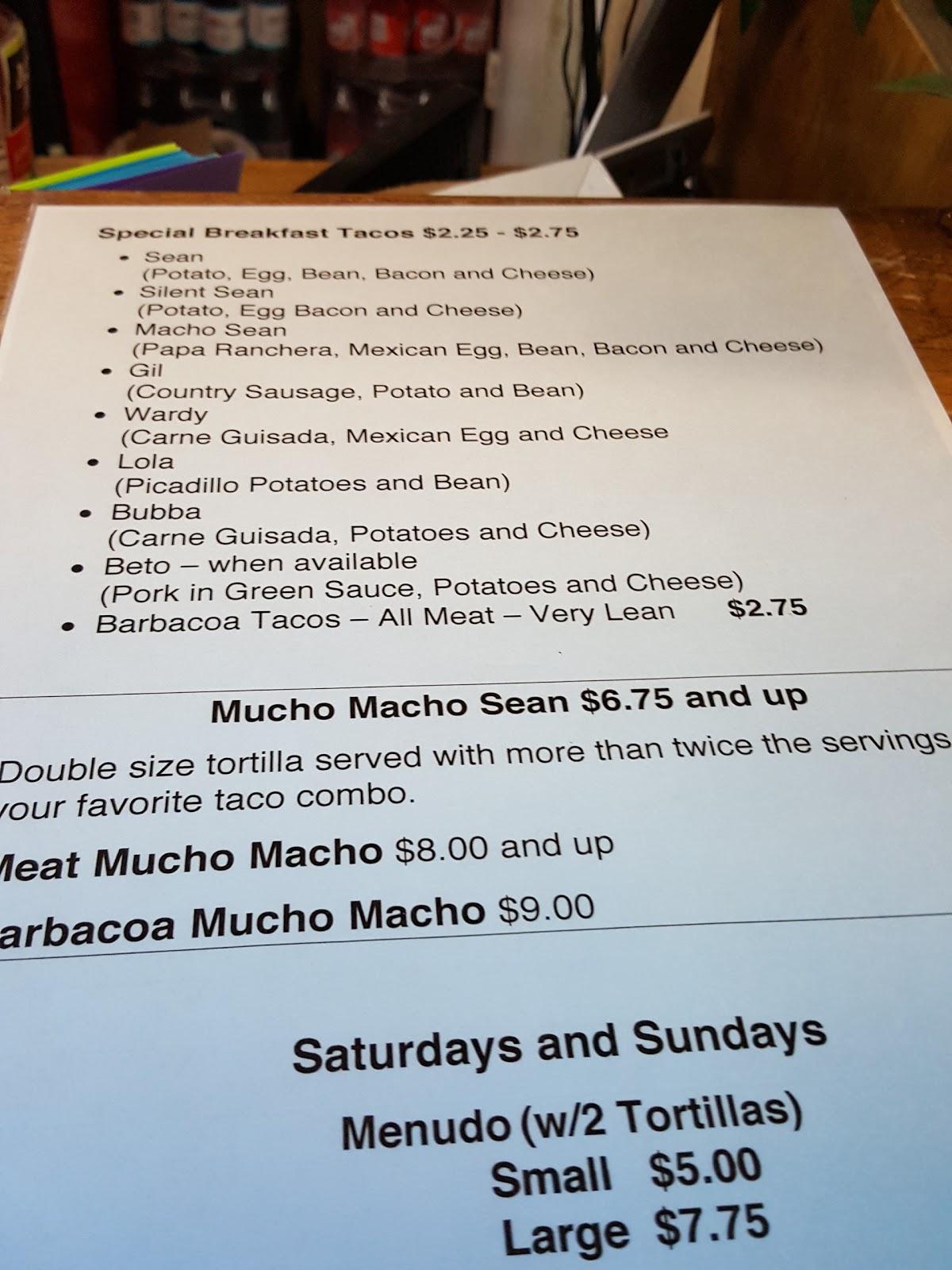 Menu at Mary's Tacos restaurant, Kerrville
