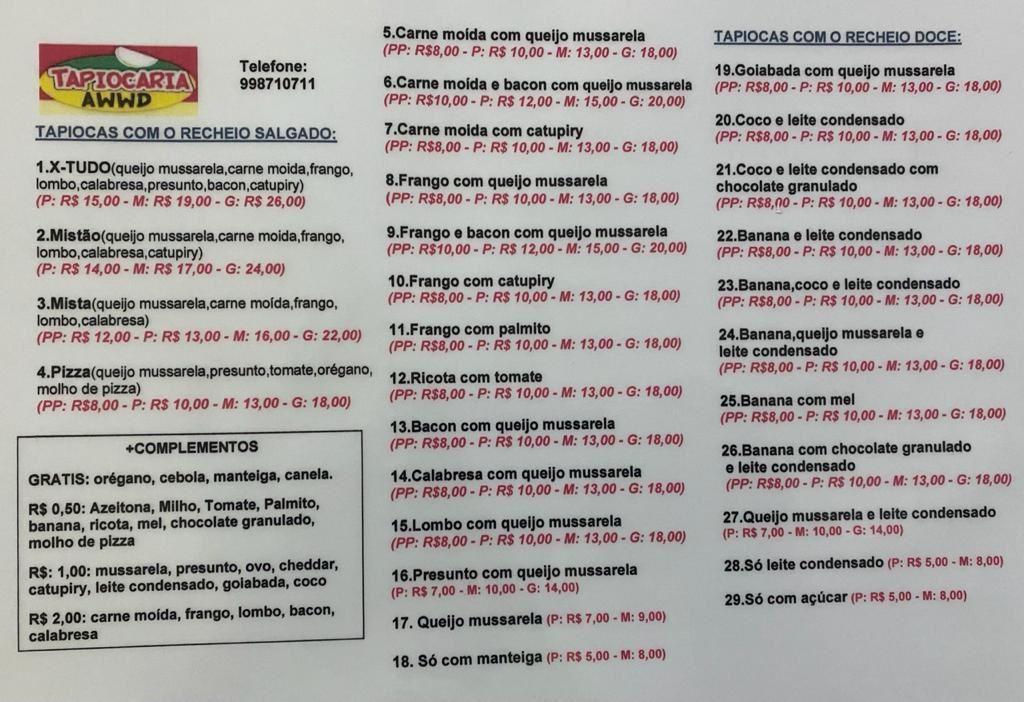 Tapiocaria Vovó Lica - AWWD cardápio