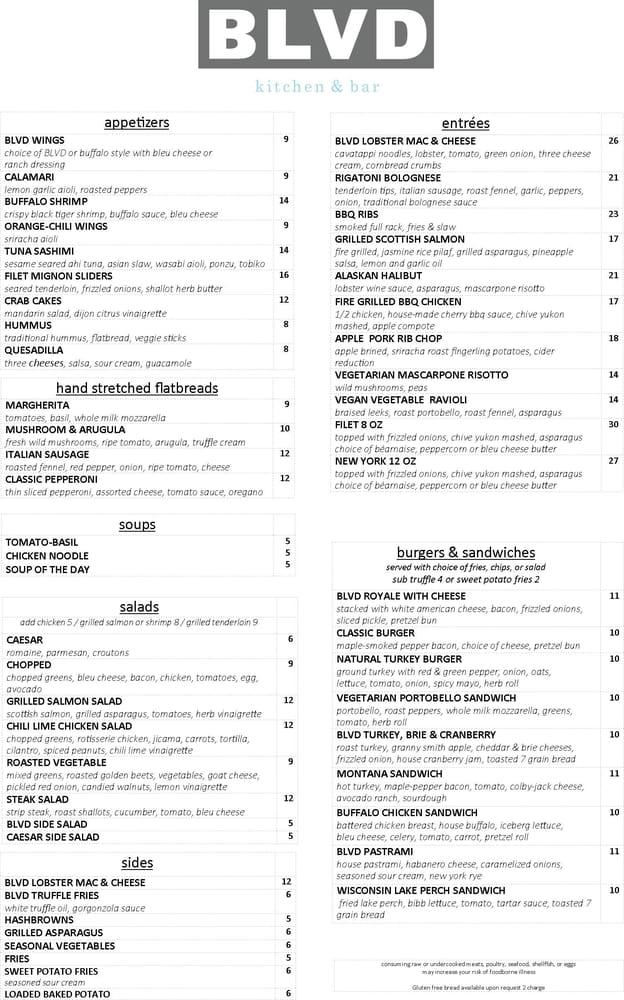Menu at BLVD Kitchen and Bar, Waukesha