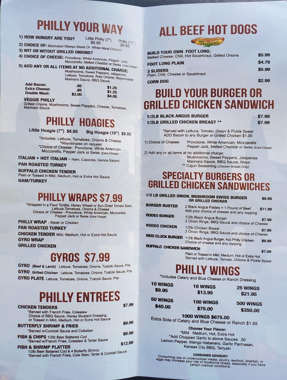 Menu at Philly Grill restaurant, Waterbury
