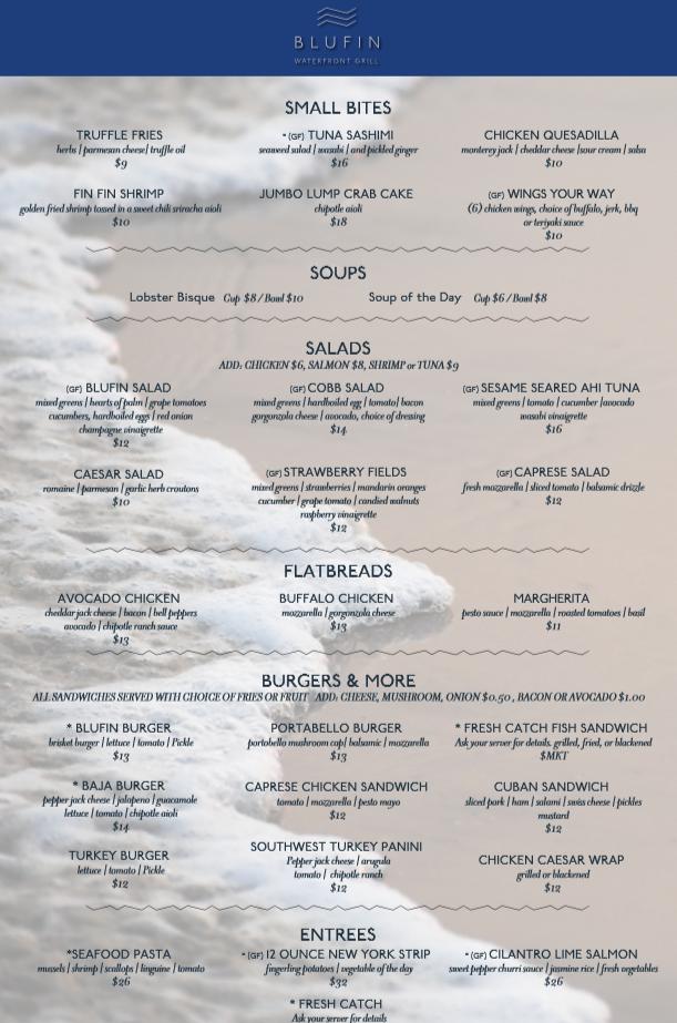 Menu at BLUFIN Waterfront Grill pub & bar, Tampa