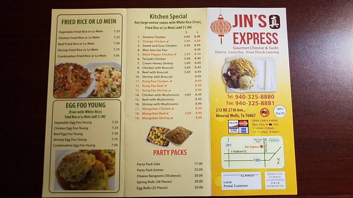Menu at Jin's Express restaurant, Mineral Wells