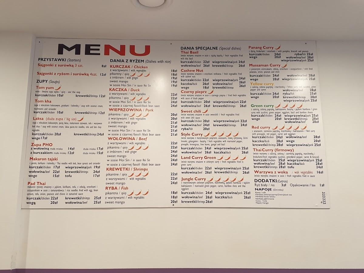 Menu at Thai Pai restaurant, Warsaw