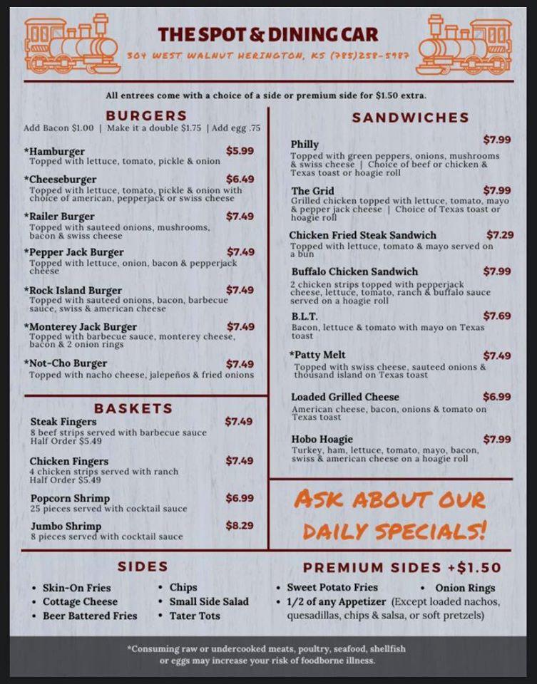 Menu At The Spot & Dining Car Restaurant, Herington