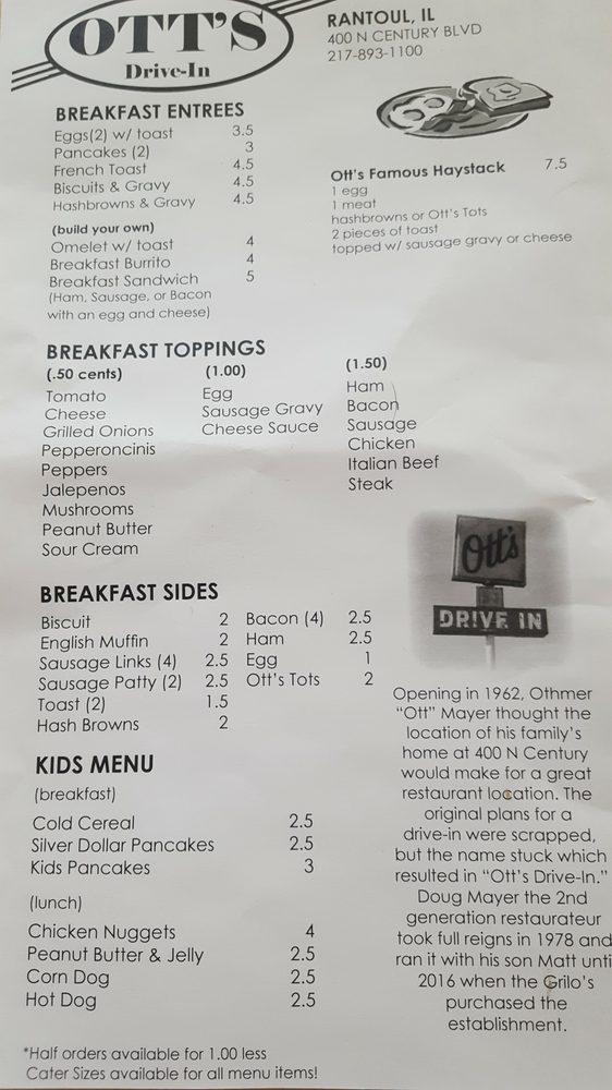 Menu at Ott's Drive In restaurant, Rantoul