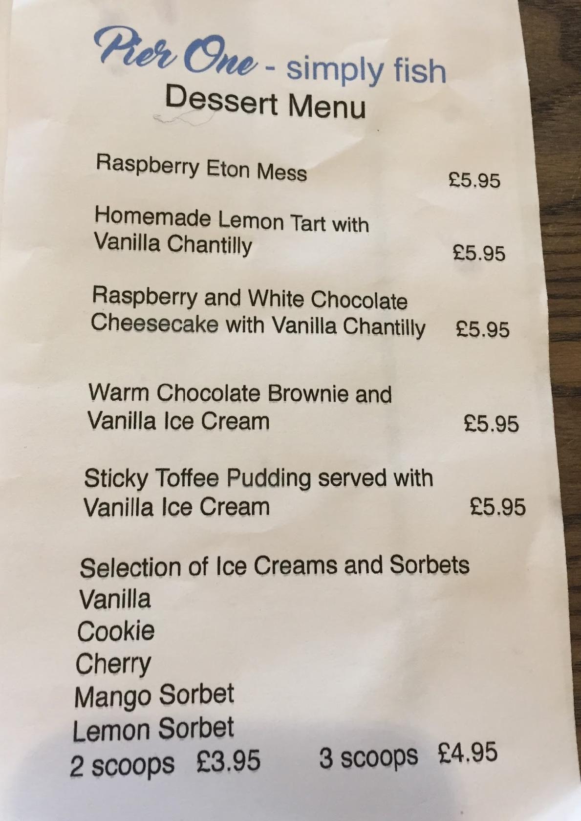 Menu at Pier One restaurant, FrintononSea