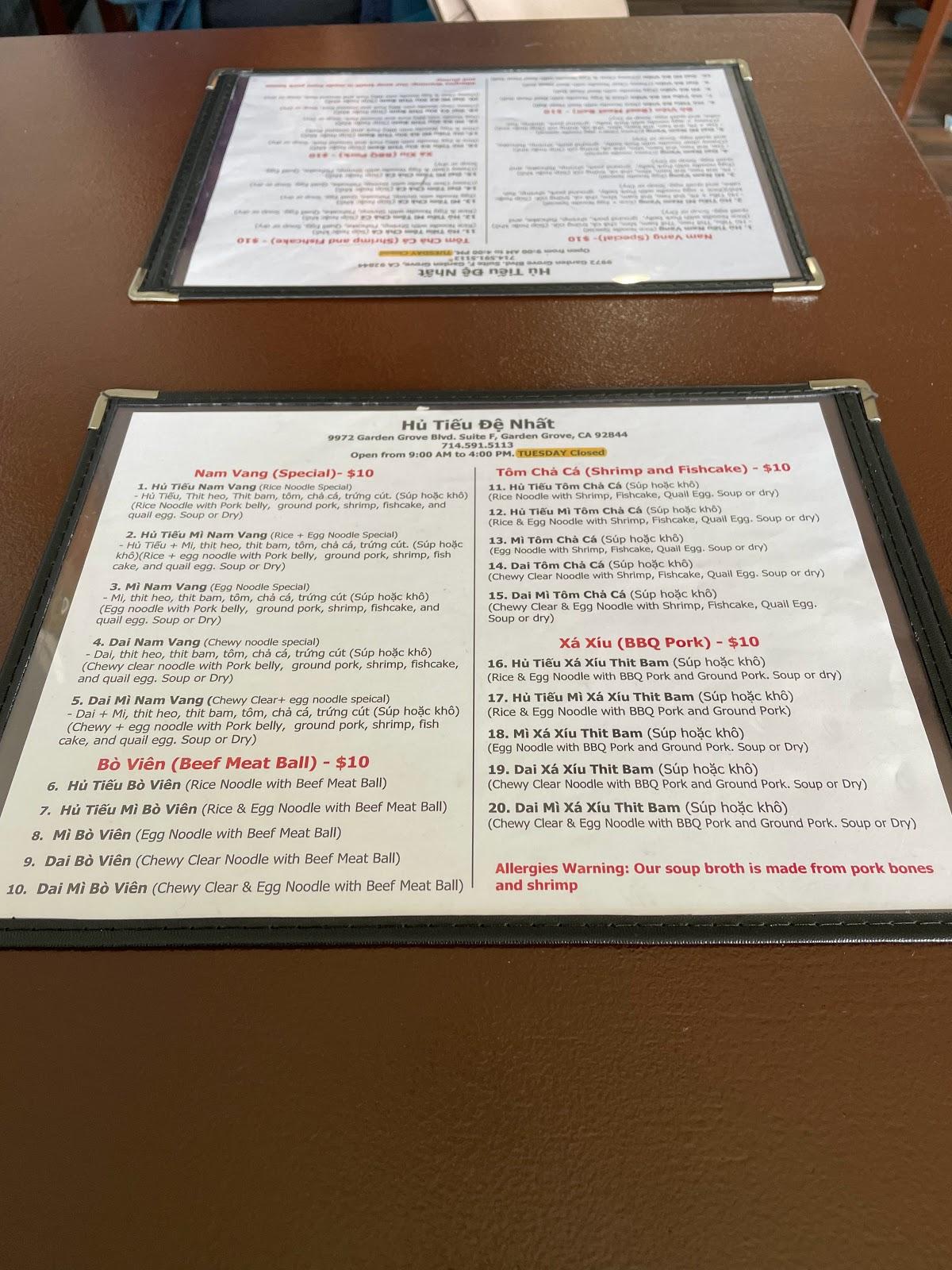 Menu at Hu Tieu De Nhat restaurant, Garden Grove