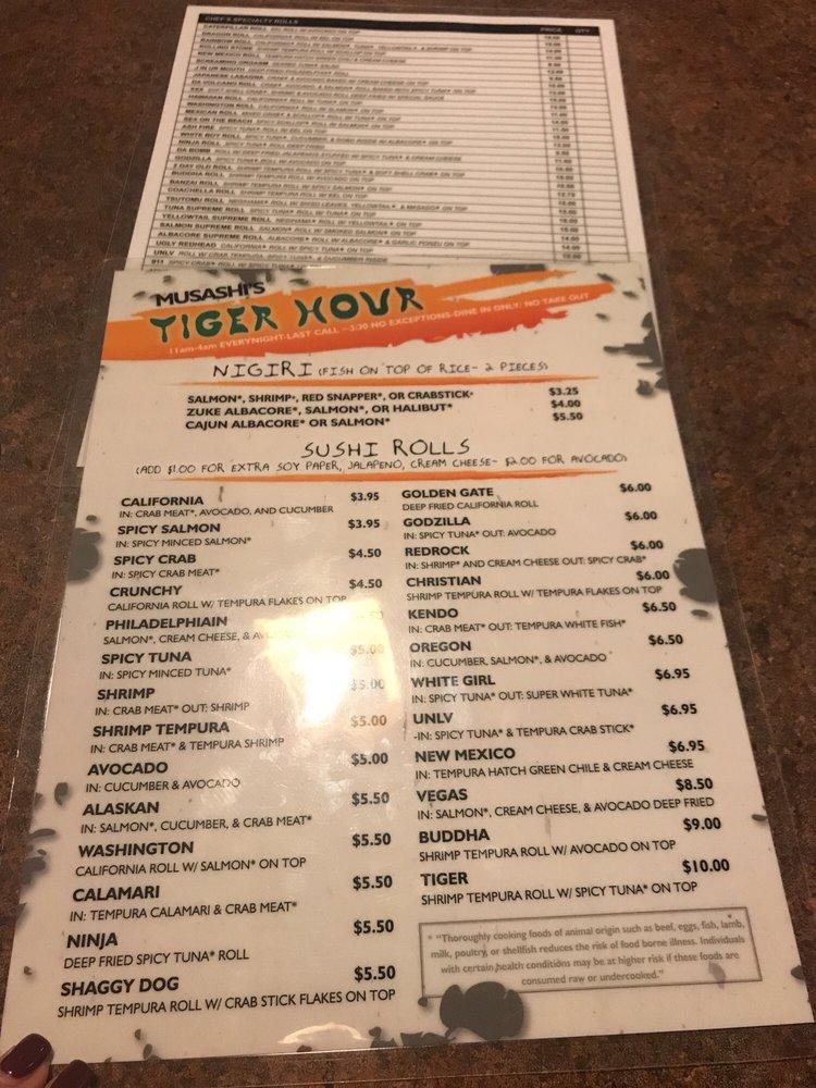 Menu at Musashi Japanese Steakhouse, Las Vegas