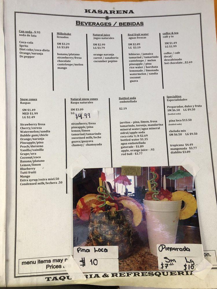 Menu at Kasarena Taqueria Refresqueria restaurant, Houston