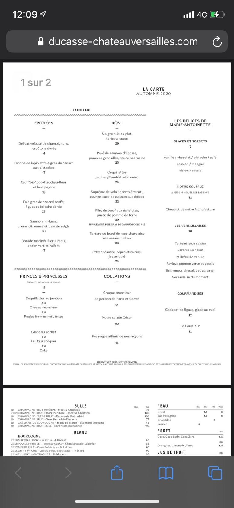 Menu at Ore Ducasse au château de Versailles restaurant, Versailles