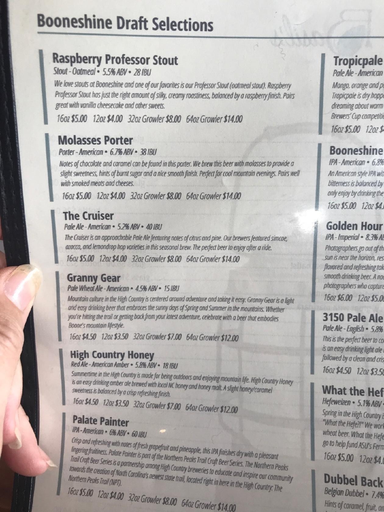 Menu at Basil's restaurant, Boone