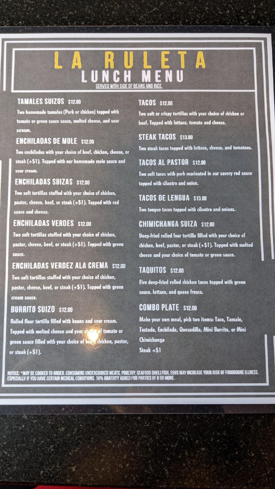 Menu at La Ruleta Mexican Restaurant, Everett