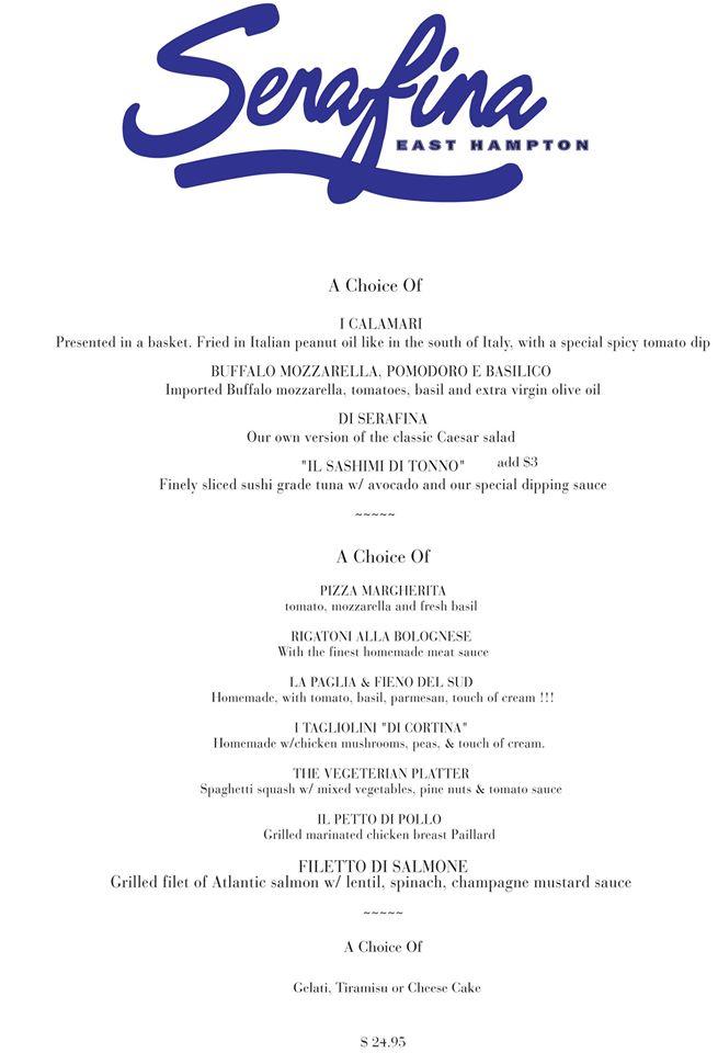 Menu at Serafina East Hampton restaurant, East Hampton