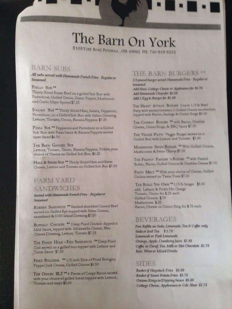 Menu at The Barn on York, Pataskala